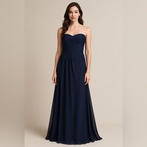 Navy Blue Strapless Evening Gown Floor Length Beaded Detail Size Small/Medium